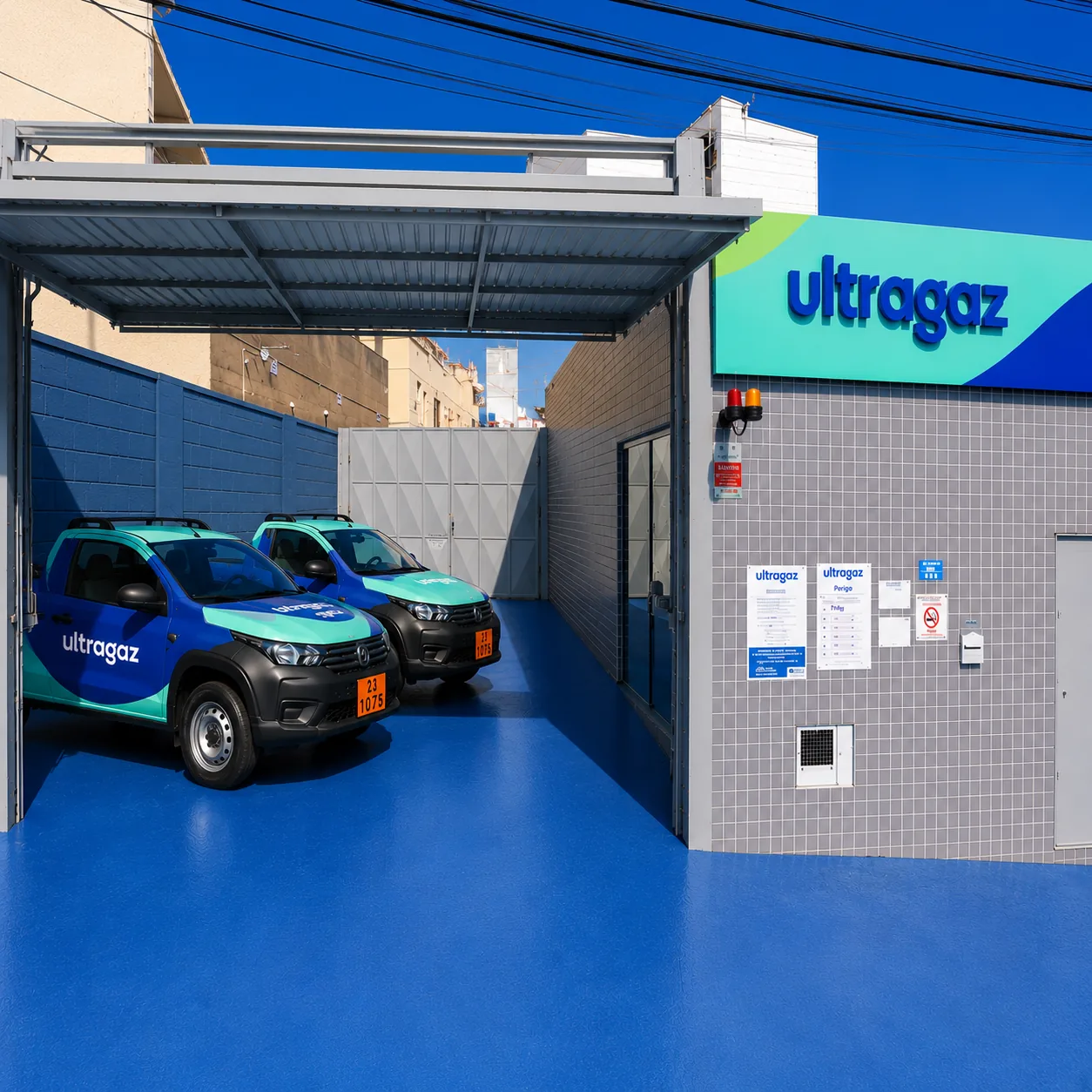 Fachada e viaturas de entrega da Ultragaz Tonelero, revenda autorizada Ultragaz